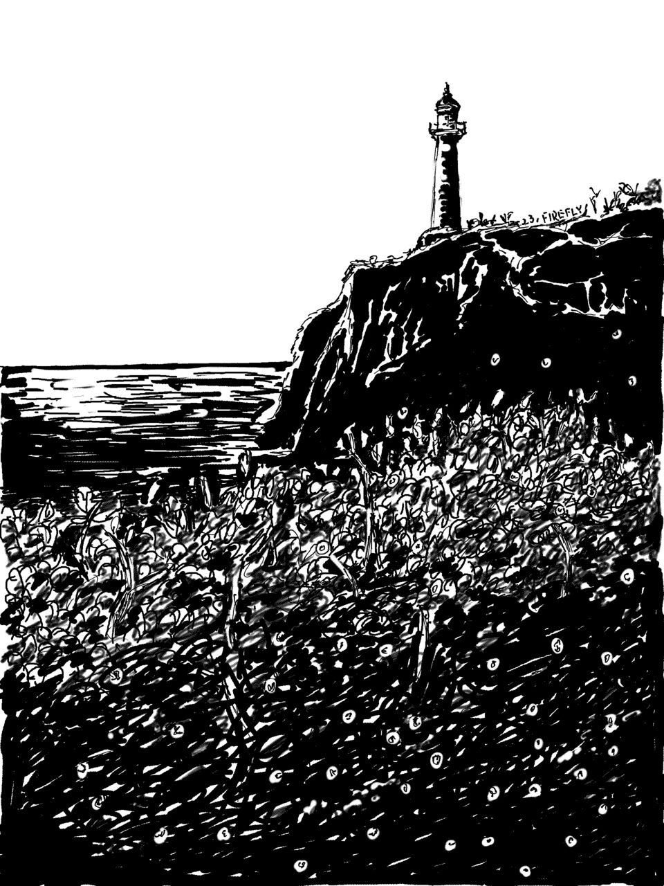 In the evening twilight, a lighthouse atop a cliff overlooks the ocean. In the foreground a leafy bush covers half the image with its bottom half in shadow. There are also some fairly subtle specks of light dotted around it.